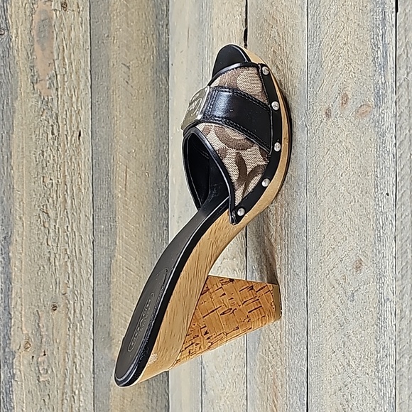 COACH Women's Illisa Heel Shoes Black Brown Brass Logo Plate Platform Sandal - Picture 6 of 11